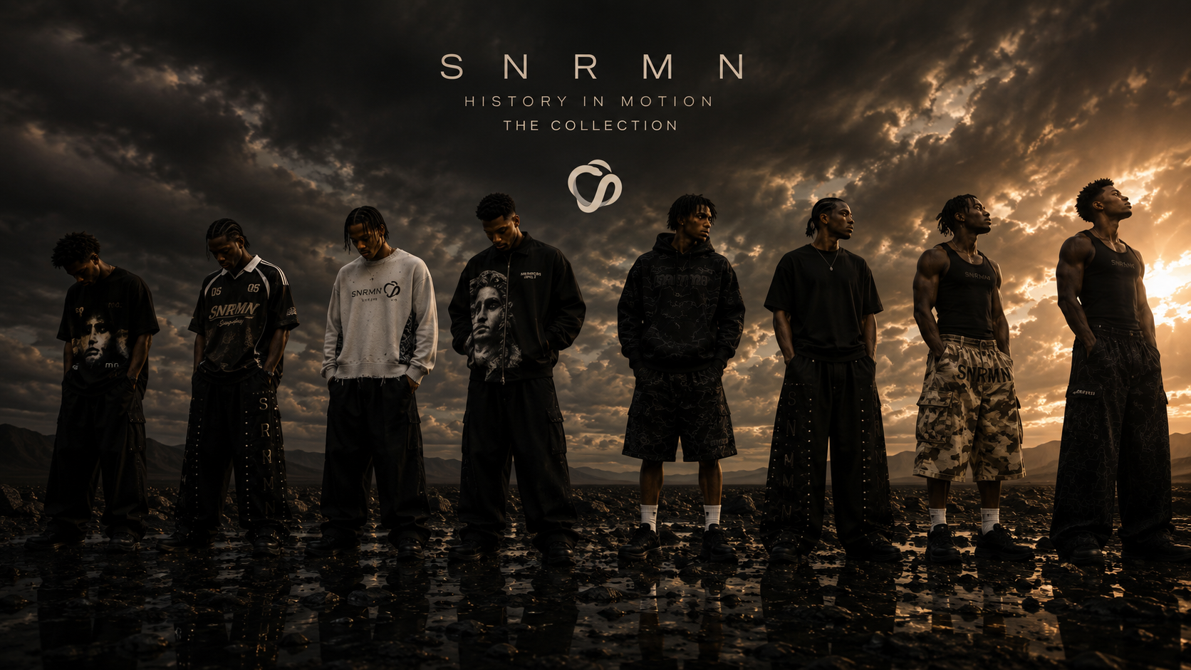 SNRMN History in Motion collection — eight models standing across a dark, wet landscape at sunset in the full SNRMN wardrobe